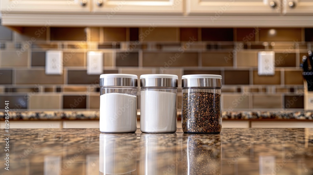 Three canisters made of white metal for storing tea coffee and sugar on a granite kitchen countertop with brown and beige tiled backdrop Three canisters made of white metal for storing tea coffee and sugar on a granite kitchen countertop with brown and beige tiled backdrop