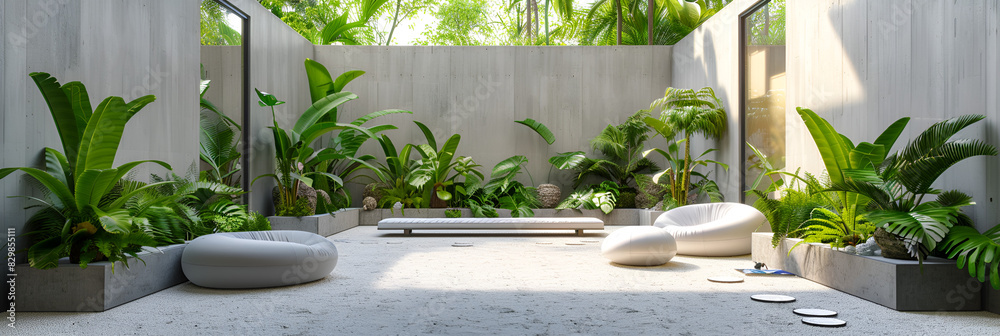 Rooftop Garden With Serene Water Feature And Shaded Seating Stock ...