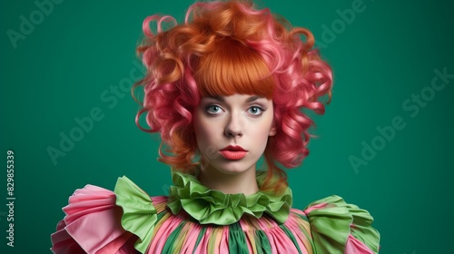A woman with vibrant  curly pink and orange hair  wearing a colorful  ruffled dress with green  pink  and red hues  poses against a solid green background