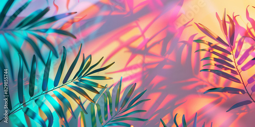 Joyful summer background with vivid exotic leaves casting colorful shadows on pastel background.