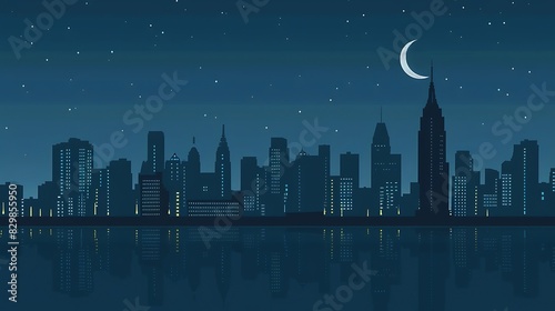 A beautiful cityscape of a modern city with skyscrapers and a crescent moon in the night sky. The city is reflected in the water below.