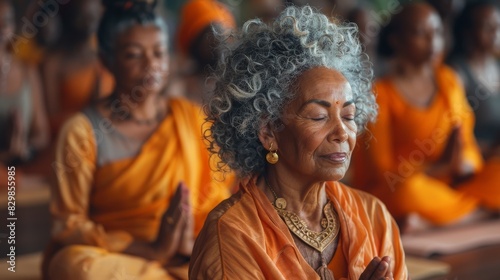 A serene older woman meditating in an orange-themed group session demonstrates tranquility