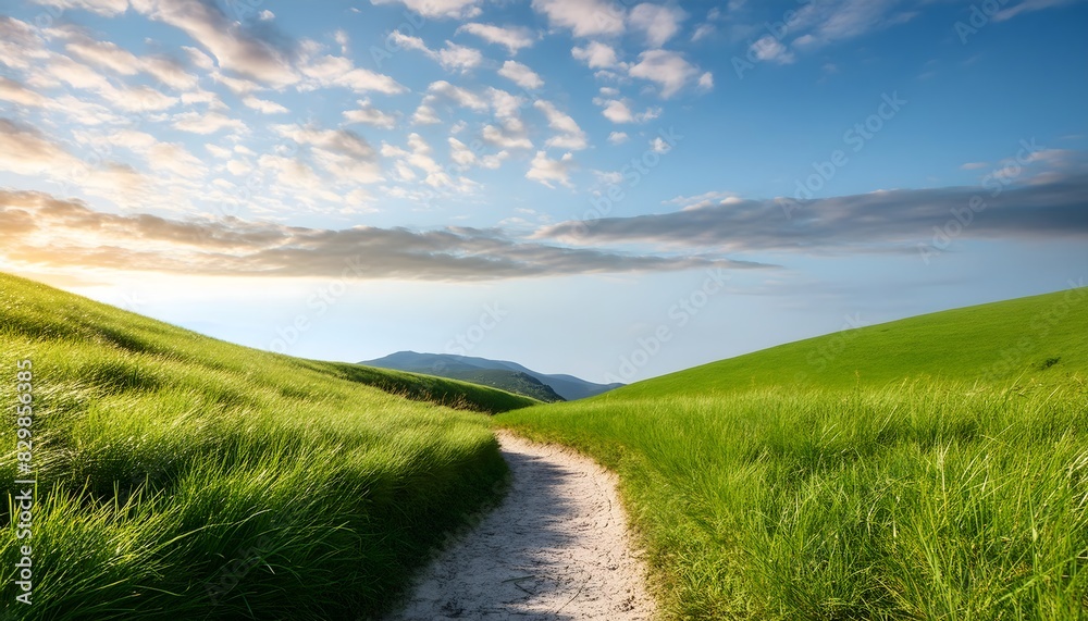 Obraz premium landscape with grass and blue sky, Nature walks at dawn, serene landscapes, green fields, hilly terrain, blue skies