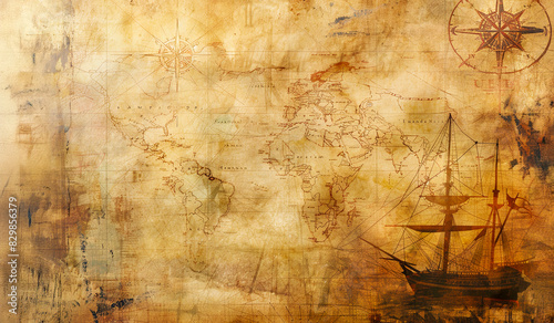 Old Vintage Nautical Map Background with Antique World Layout, Compass, and Ocean Doodles: Grunge Texture, Retro Pirate Ship Chart for Design Template, Banner, or Cover - Stock Photo with Place for Te