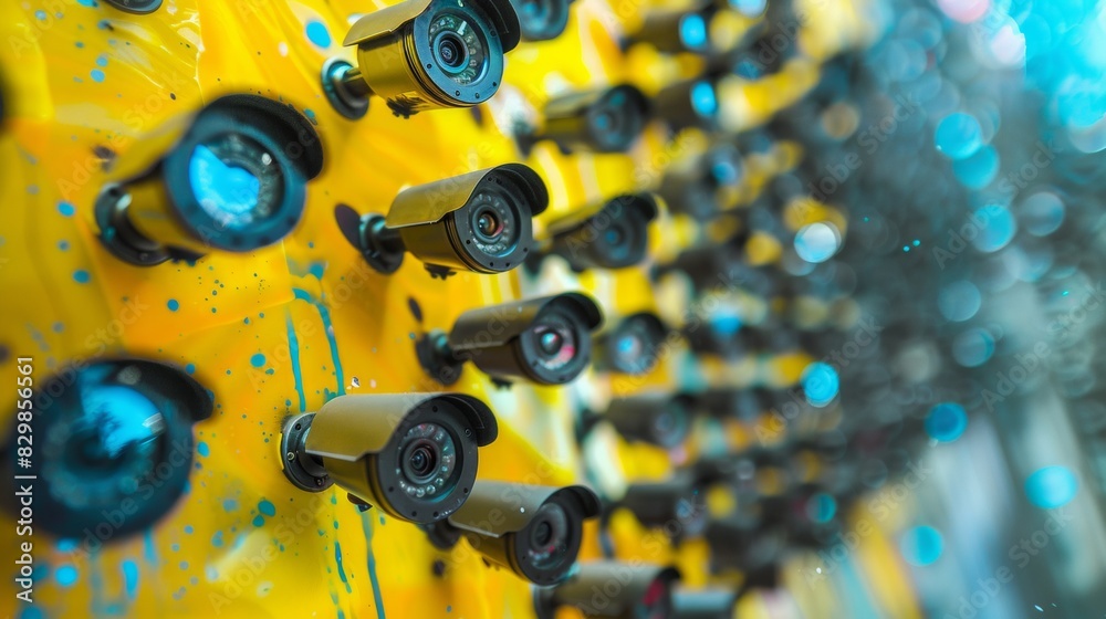 Surreal Melting CCTV Cameras on Vibrant Background Depicting Fluid Integration of Surveillance Technology