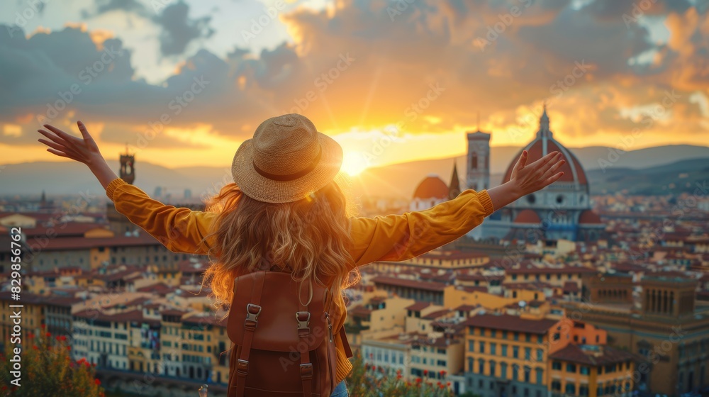 Fototapeta premium A woman enjoys a sunset with arms raised, overlooking Florence's iconic skyline