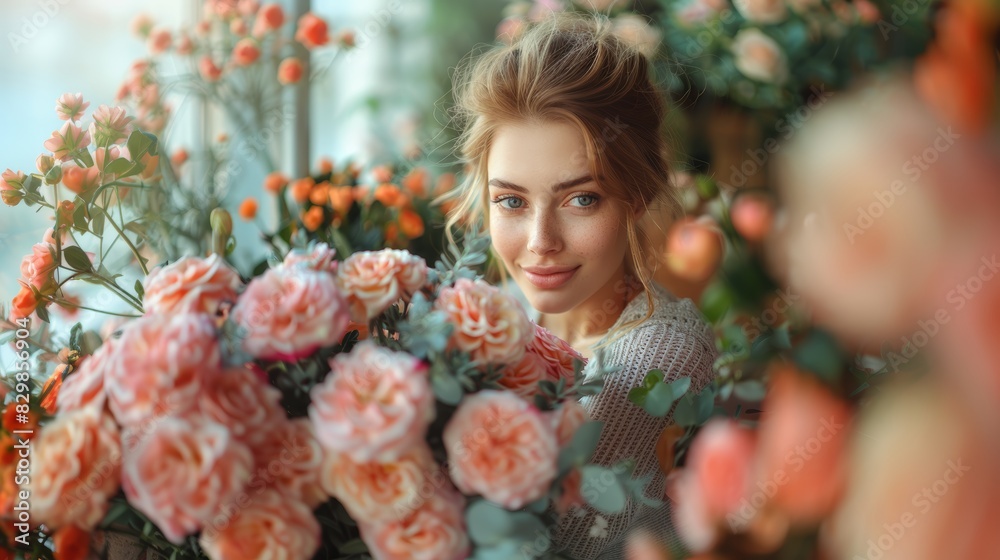 Beautiful young woman enjoys the scent of blooming roses in a lush garden setting Beautiful young woman enjoys the scent of blooming roses in a lush garden setting