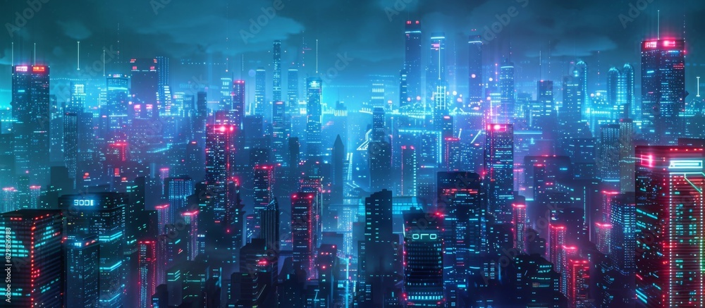 Futuristic Cityscape Illuminated with Neon Lights, Hi-Tech Urban Landscape, futuristic technology concept, graphic banner design