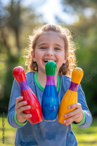 Cute cheerful child holding colorful bowling pins. Active outdoor games for children. Family leisure at summer.