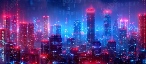 Futuristic Cityscape Illuminated with Neon Lights, Hi-Tech Urban Landscape, futuristic technology concept, graphic banner design