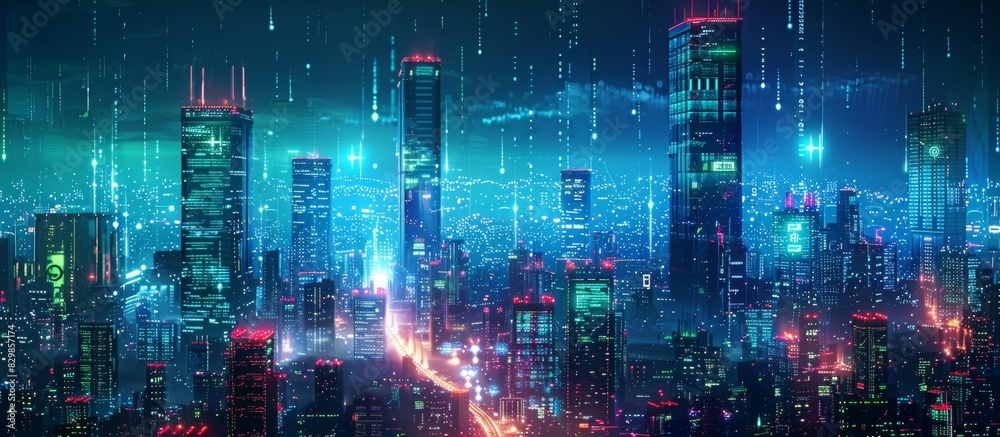 Futuristic Cityscape Illuminated with Neon Lights, Hi-Tech Urban Landscape, futuristic technology concept, graphic banner design Futuristic Cityscape Illuminated with Neon Lights, Hi-Tech Urban Landscape, futuristic technology concept, graphic banner design