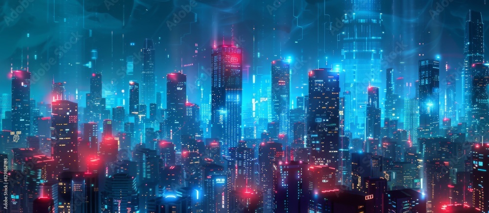 Futuristic Cityscape Illuminated with Neon Lights, Hi-Tech Urban Landscape, futuristic technology concept, graphic banner design Futuristic Cityscape Illuminated with Neon Lights, Hi-Tech Urban Landscape, futuristic technology concept, graphic banner design
