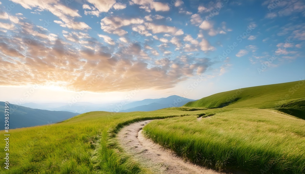 Fototapeta premium landscape with grass and blue sky, Countryside escapes, rural scenery, peaceful atmosphere, morning light, clouds