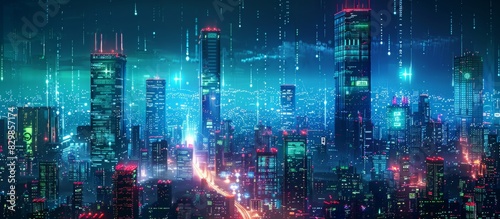 Futuristic Cityscape Illuminated with Neon Lights, Hi-Tech Urban Landscape, futuristic technology concept, graphic banner design