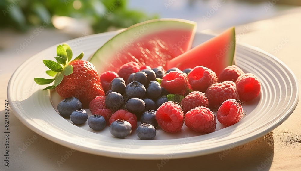 Summer fruit plate with juicy strawberries, raspberries, blueberries, and watermelon slices