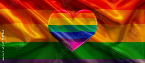 Vibrant Pride flag gradient with a rainbow heart center  wide format for ample text.