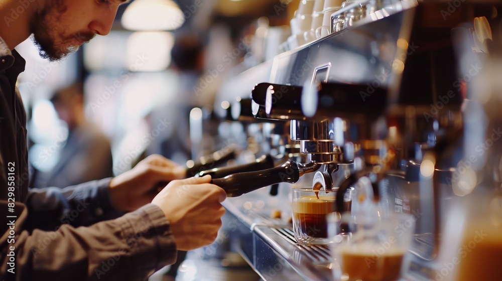 Barista Making Espresso: In a busy coffee shop, a barista expertly pulls shots of espresso, ensuring the perfect balance of flavor and crema