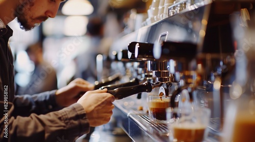 Barista Making Espresso: In a busy coffee shop, a barista expertly pulls shots of espresso, ensuring the perfect balance of flavor and crema