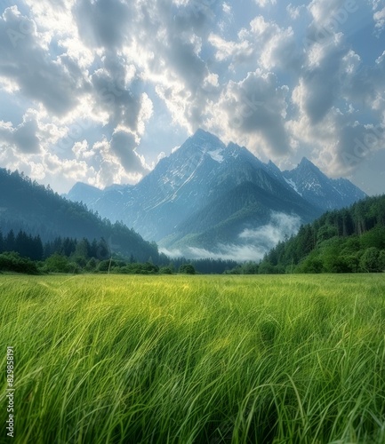 Vibrant Green Grassy Meadow with Majestic Mountains