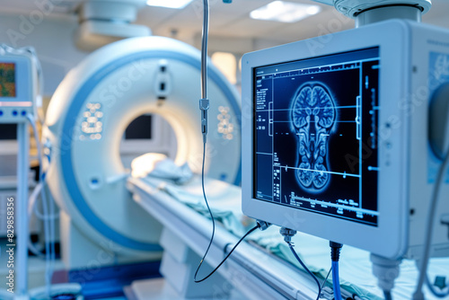 Advanced MRI machine and medical monitor displaying a detailed brain scan in a high-tech medical facility, highlighting modern diagnostic capabilities