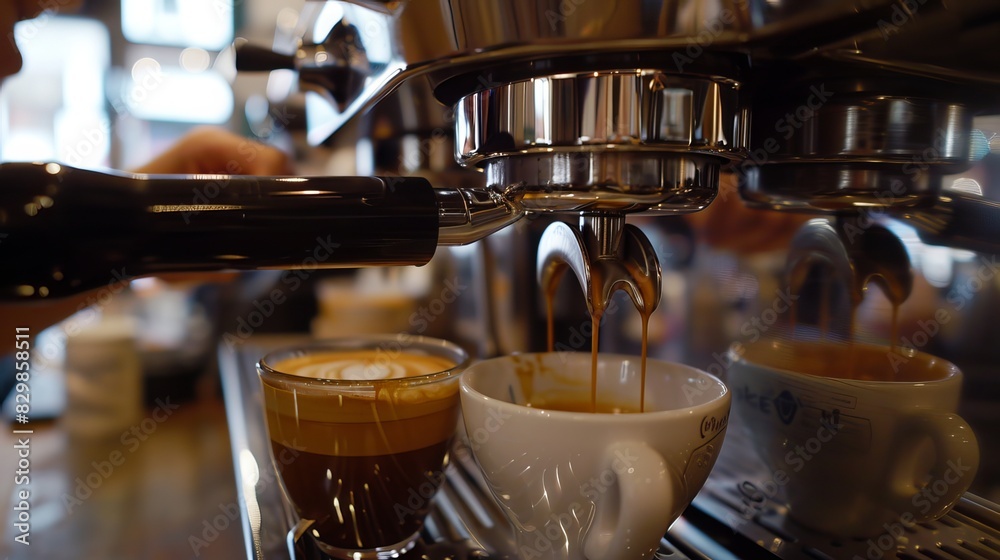 Barista Making Espresso: In a busy coffee shop, a barista expertly pulls shots of espresso, ensuring the perfect balance of flavor and crema Barista Making Espresso: In a busy coffee shop, a barista expertly pulls shots of espresso, ensuring the perfect balance of flavor and crema