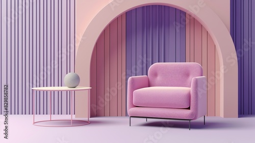 A modern interior design featuring a pink armchair and a round side table with a spherical object on it. The background includes a mix of vertical lines and an arch in pastel colors