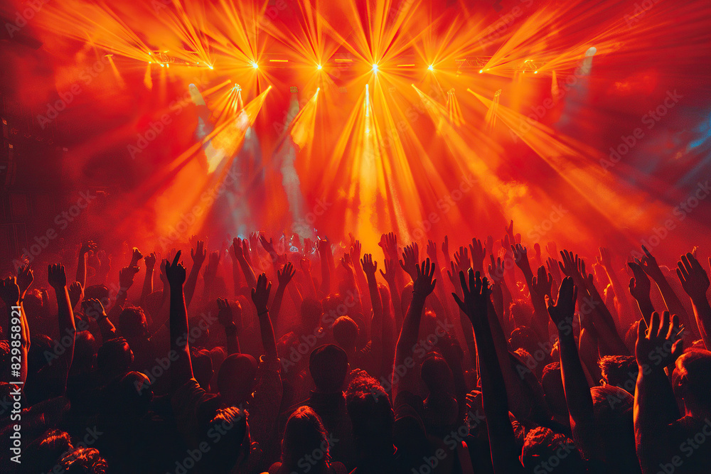 A crowd of people at a party, concert in the rays of spotlights. Generated by artificial intelligence A crowd of people at a party, concert in the rays of spotlights. Generated by artificial intelligence