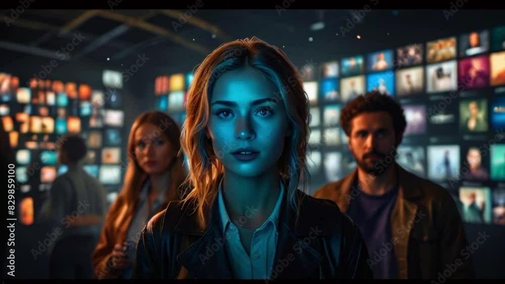 Two girls and one boy looking at camera and showing confident emotions at the neon room Two girls and one boy looking at camera and showing confident emotions at the neon room