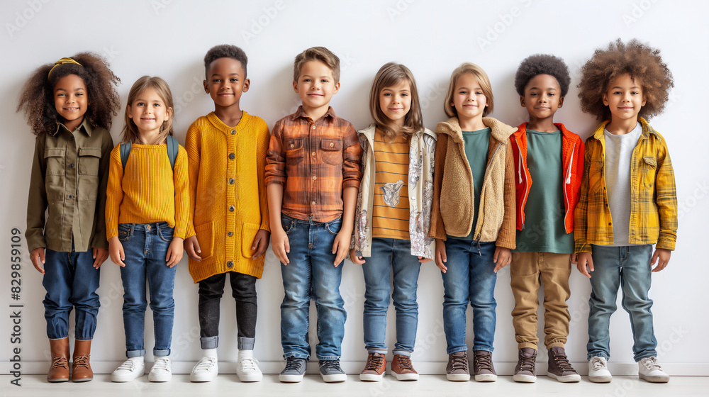 Fototapeta premium Close up of group of smiling different raced schoolchildren dressed in colourful clothes on white background. Selective focus. School time concept 