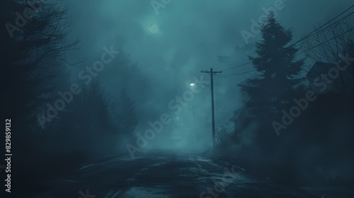 Develop an eerie fog artwork with a minimalist style. Illustrate a dark, empty street enveloped in thick, rolling fog. Use simple shapes and a limited color palette to create a sense of isolation and photo