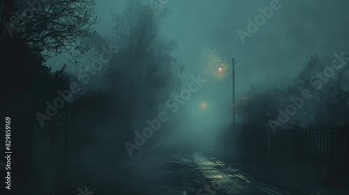 Develop an eerie fog artwork with a minimalist style. Illustrate a dark, empty street enveloped in thick, rolling fog. Use simple shapes and a limited color palette to create a sense of isolation and