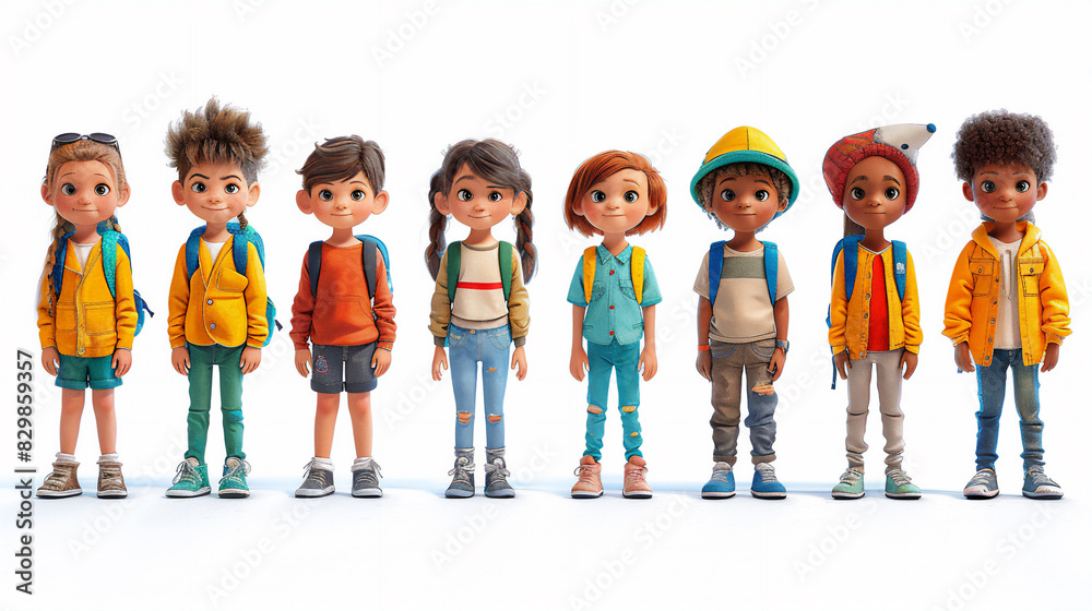 Fototapeta premium Illustration of cartoons schoolchildren of different races and dressed in colourful clothes on white background. Selective focus. School time concept