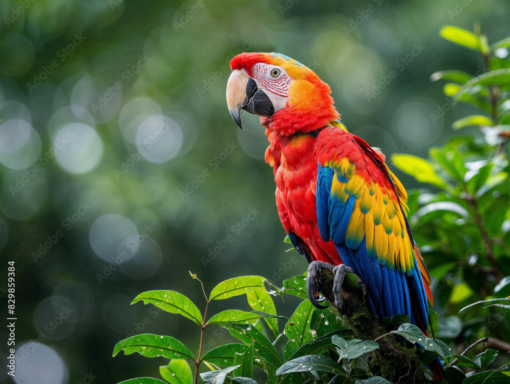 Vivid Scarlet Macaw Perched on a Branch in a Lush Tropical Forest