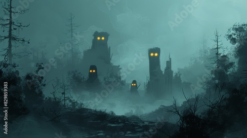 Develop a horror landscape featuring unsettling imagery. Use basic shapes and muted tones to depict a barren, rocky terrain with eerie, glowing eyes peering from the darkness. Add subtle shadows and photo