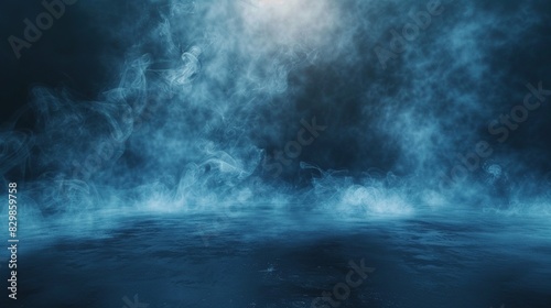 Empty Dark Stage with Blue Mist Fog Smoke - Platform Showcasing Artistic Work Product 