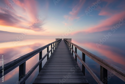 Sundown Serenity by the Pier, A long wooden bridge extending into the distance of calm water © Adisorn