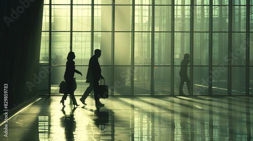 Silhouette of office workers walking in large corporate building