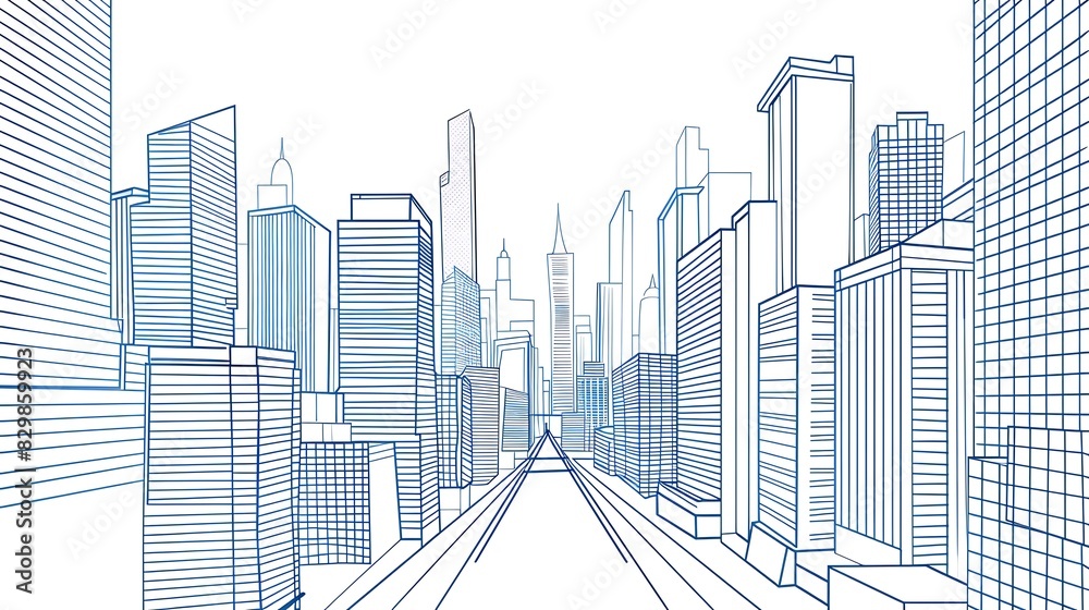 Cityscape in blue lines. The image shows a perspective view of a modern city with skyscrapers and high-rise buildings.