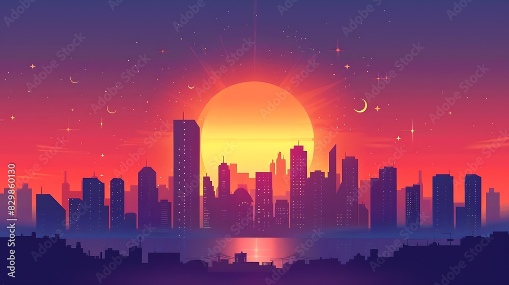 A beautiful sunset over a city. The warm colors of the sky and the city lights create a peaceful and serene scene.