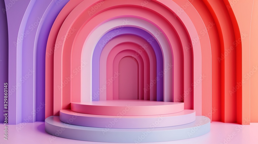 A colorful abstract 3D rendering of a series of arches in shades of pink, purple, and orange, leading to a central platform A colorful abstract 3D rendering of a series of arches in shades of pink, purple, and orange, leading to a central platform