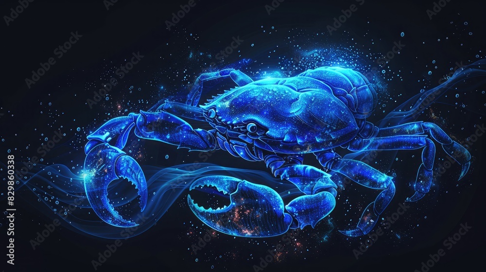 [flat 2d vector illustration of the Cancer zodiac sign, astrology style, made of water, darker around edges, blacker background, darker background, no bloom, no glow,
