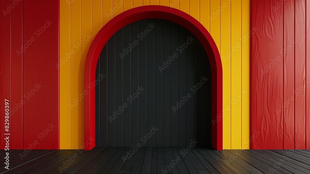 Fototapeta premium A modern, colorful interior wall with a large archway. The wall features vertical panels in red, yellow, and black, with a textured wood pattern on the red panels. The floor is dark wood.