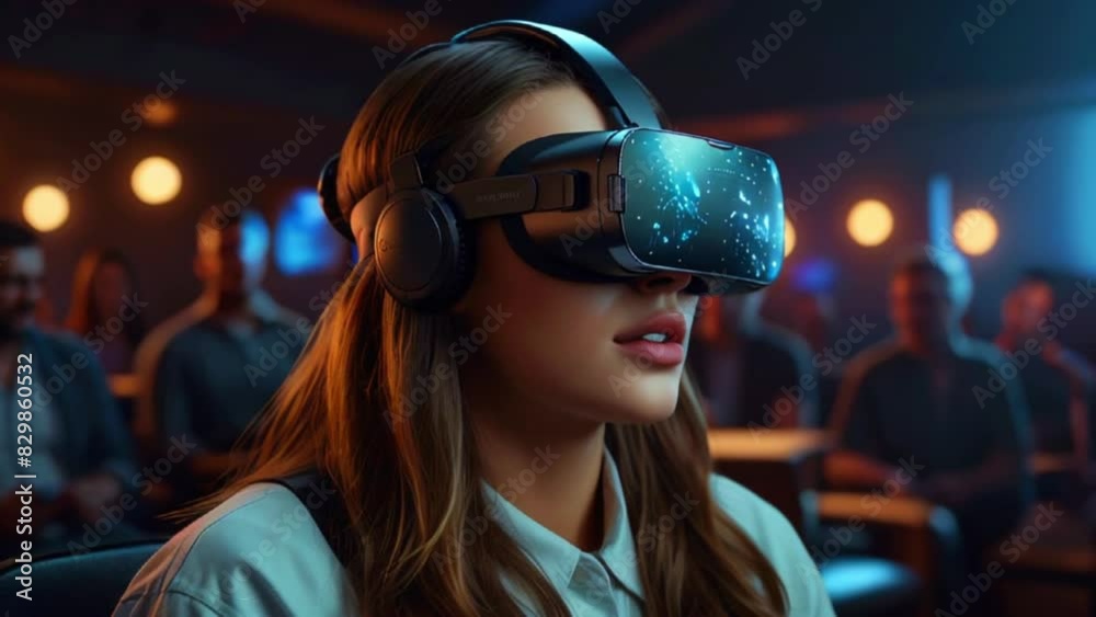 Video of a woman using her VR metaverse headset on a neon-lit street with a Hong Kong Asian-style background. Video of a woman using her VR metaverse headset on a neon-lit street with a Hong Kong Asian-style background.