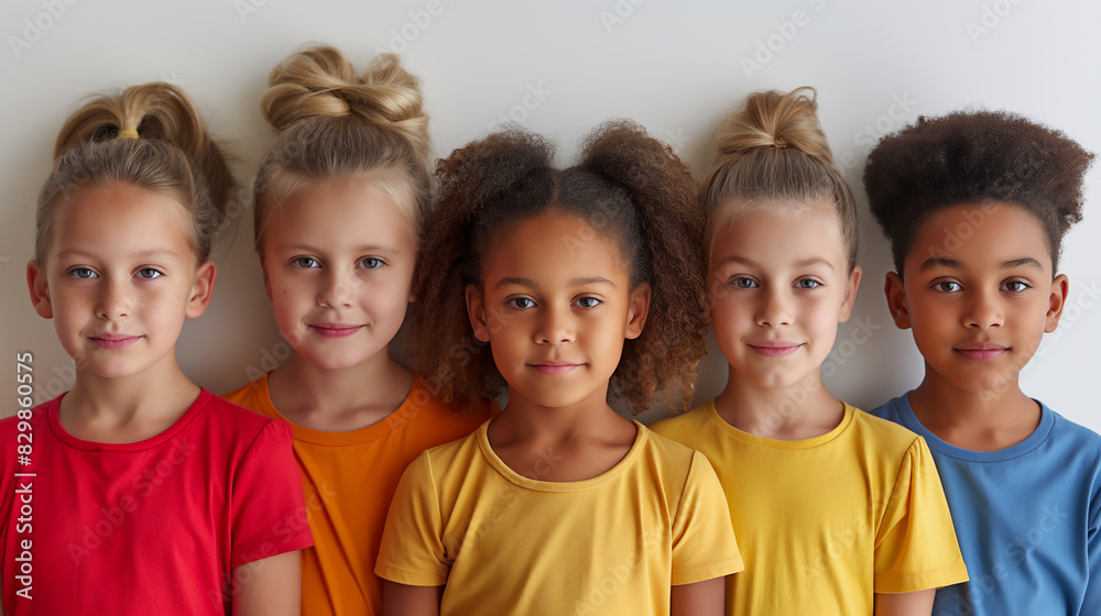 Close up of four smiling small girls and one boy of different races dressed in colourful clothes on white background.Selective focus. School time concept Close up of four smiling small girls and one boy of different races dressed in colourful clothes on white background.Selective focus. School time concept