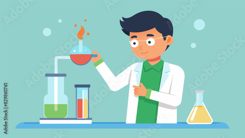 A student carefully balances test tubes in a beaker of boiling water conducting an experiment on the effects of temperature on the solubility of different substances.. Vector illustration