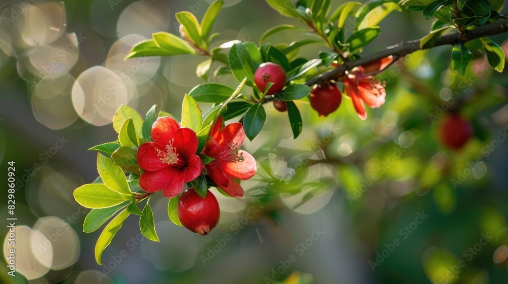 Close up of pomegranate tree s flowers and foliage Close up of pomegranate tree s flowers and foliage