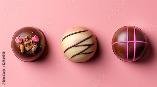 Three assorted chocolate truffles on a pink background. The truffles have different toppings, including pink and brown chocolate and cream decorations