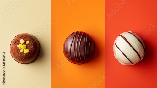 Three assorted chocolate truffles on a colorful background. The truffles are decorated with different toppings and designs