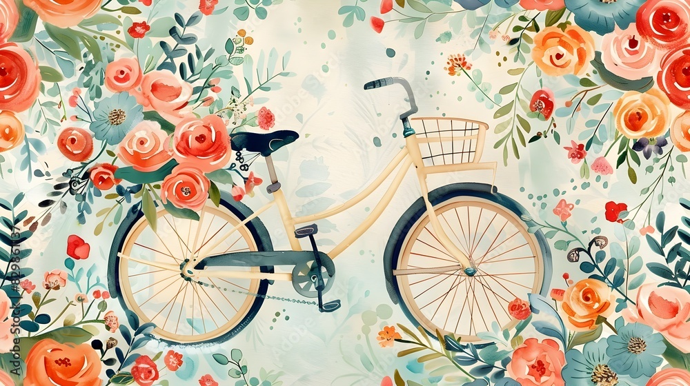Fototapeta premium Vintage Bicycle Surrounded by Vibrant Floral Arrangement in a Rustic Romantic Setting