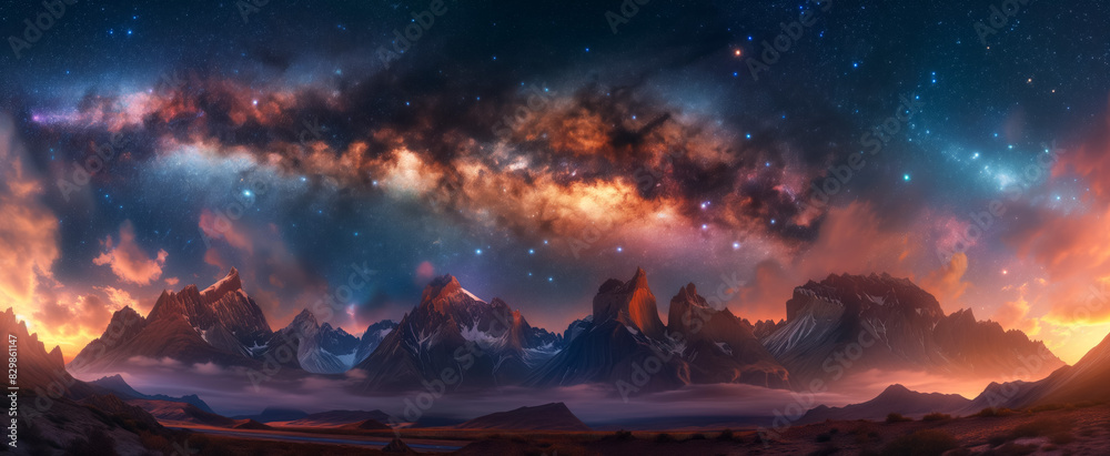 Milky way galaxy over majestic mountain range at twilight Milky way galaxy over majestic mountain range at twilight